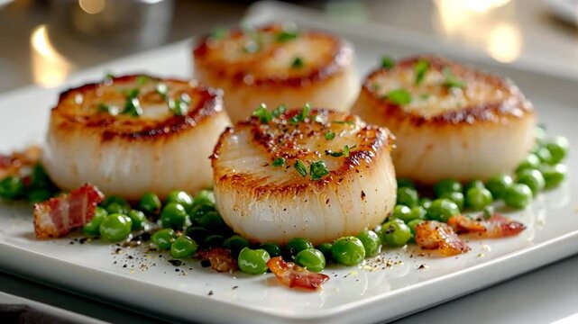 pan-seared scallops with bacon and peas video