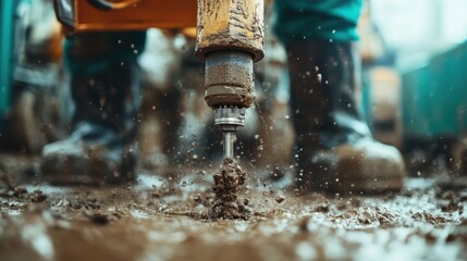 Heavy machinery drills into the muddy terrain, spraying droplets of dirt and water in a dynamic display of power and determination in construction work.