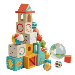 Whimsical Toy Tower – Stacked Marbles and Building Blocks Vector Illustration