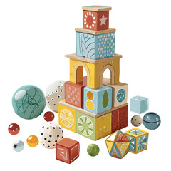 Whimsical Toy Tower – Stacked Marbles and Building Blocks Vector Illustration