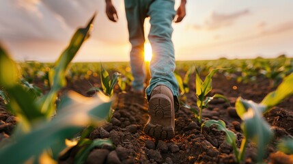 An individual walks through a sunlit field of young corn plants, symbolizing growth, prosperity, and connection to nature with a sense of freedom and hope.