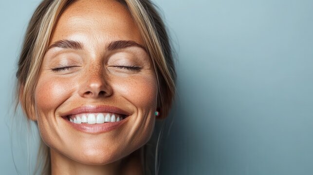 A smiling woman with closed eyes radiates joy and positivity, capturing the essence of happiness and contentment in a minimalist and vibrant environment.
