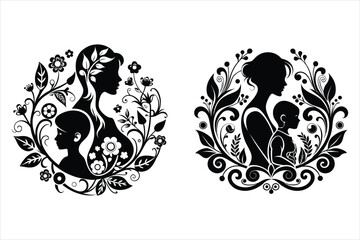 Mother and Child Silhouettes with Floral Ornaments: A Pair of Elegant Designs