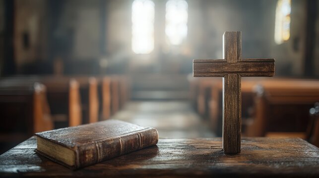 Wooden cross and bible on table in sunlit church interior with stained glass windows