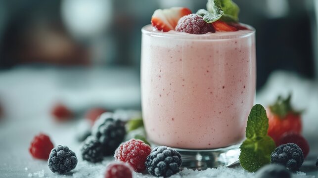This vibrant berry smoothie features a blend of fresh strawberries, raspberries, and garnished with mint, perfect for a healthy and refreshing drink option.