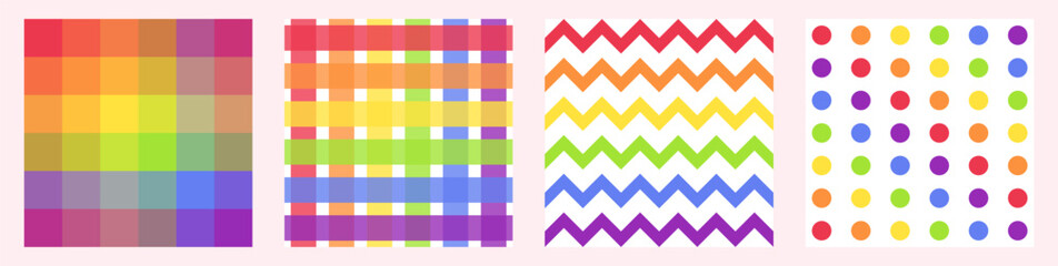 Set of colorful rainbow seamless pattern. Pride pattern. Plaid, circles, chevron seamless patterns