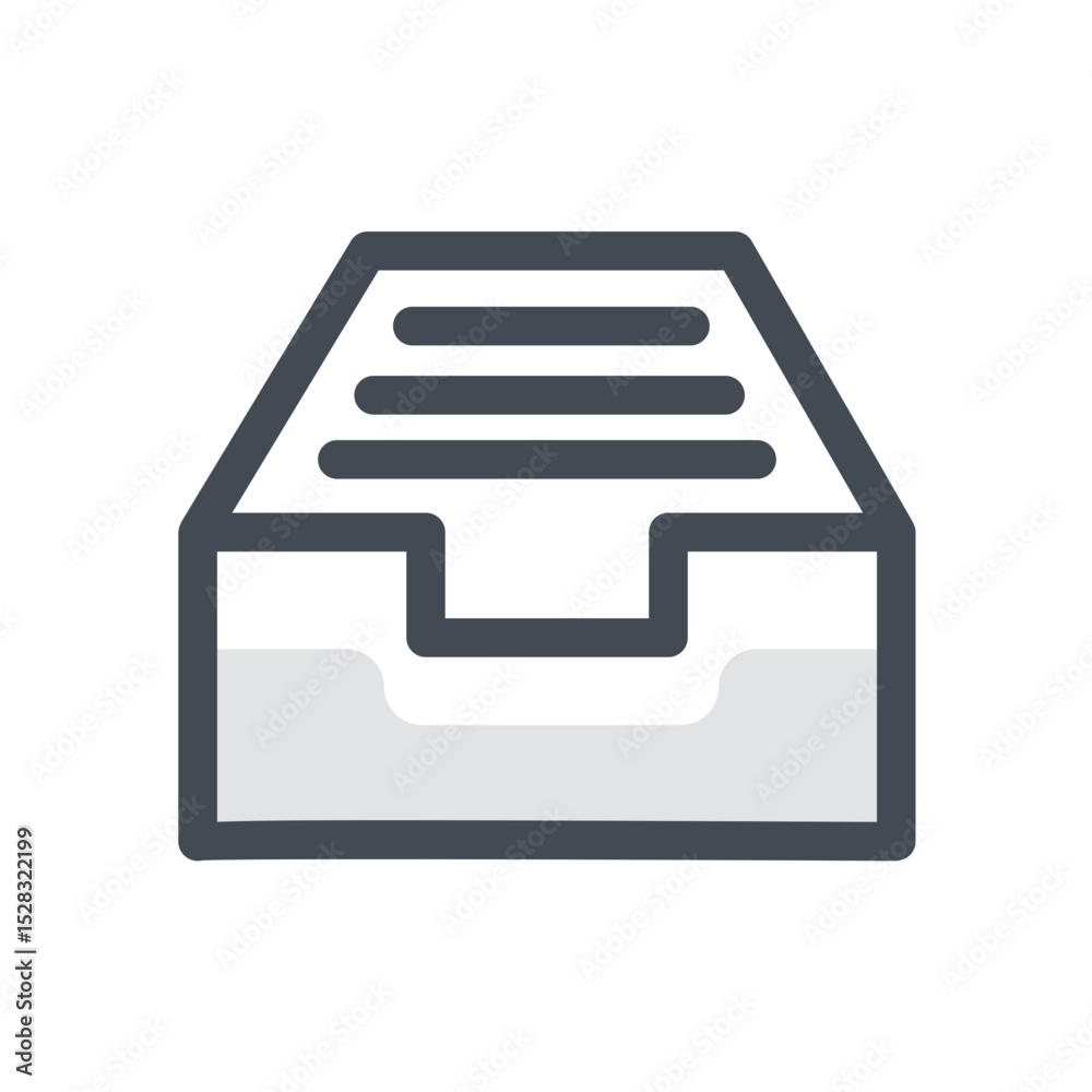 Poster illustration of a filled inbox tray with horizontal lines representing documents and a handle cutout