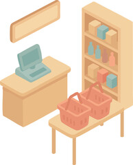 Isometric illustration of a small store checkout area with a register, display shelf, and two shopping baskets on a table.