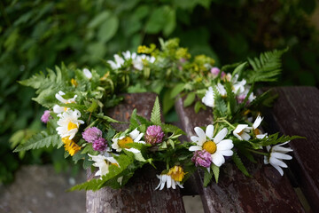 Summer Solstice Day, Midsummer night. Wildflower wreath. Ligo, Ivan Kupala traditions.