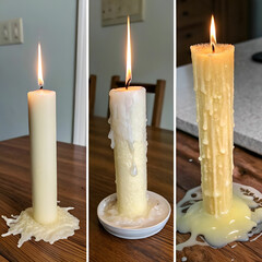 Melting candles drip warm wax slowly, casting a soft glow and creating a calming, serene atmosphere...