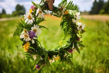 Summer Solstice Day, Midsummer, Litha holiday. Flowers wreath
