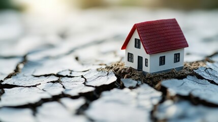 Miniature house on cracked earth symbolizing drought and climate change