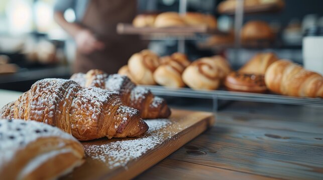 An appetizing display of assorted freshly baked croissants and pastries dusted with powdered sugar, showcasing delectable textures and inviting colors in a cozy bakery setting.