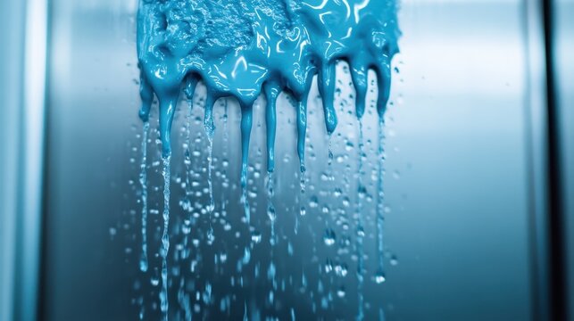 A mesmerizing close-up of a blue liquid dripping from a metallic surface, highlighting its beautiful texture and the play of light on the liquid droplets.