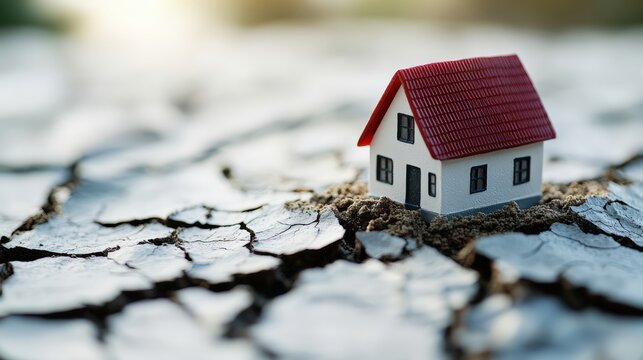 Miniature house on cracked earth symbolizing drought and climate change