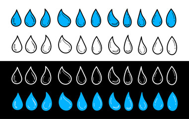 Doodle water drop shape. Hand drawn water drops set. Water or oil drop cartoon.