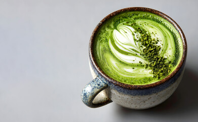 Green matcha latte in a ceramic cup with intricate foam art, garnished with matcha powder, placed on a light gray surface, showcasing a modern beverage presentation