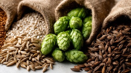 Obraz premium Assorted grains and hops are displayed in burlap sacks in a close up shot.