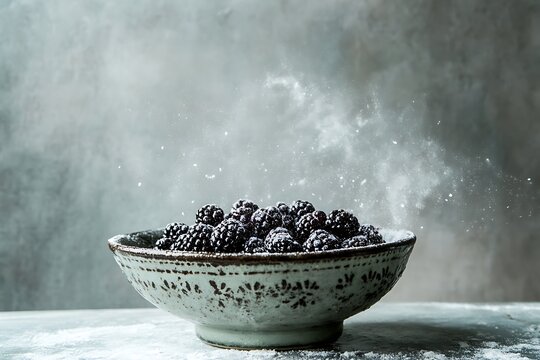 blackberries in antique bowl with sugar dusting