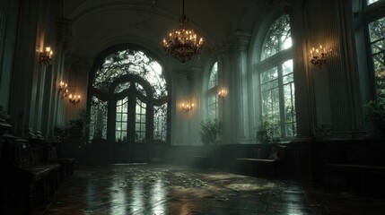 Elegant ballroom showcases elaborate architecture with chandeliers lighting hall