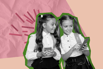 Trendy poster art pop collage of two happy schoolgirl classmates hold phone elearn education learners back to school study