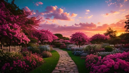 「幻想的な花畑と夕焼けの風景｜ファンタジーな自然アート壁紙」

