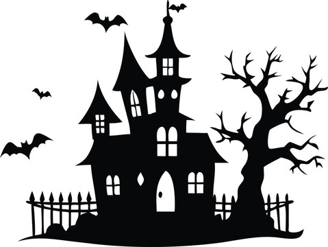 Silhouette of a haunted house with bats isolated on white background