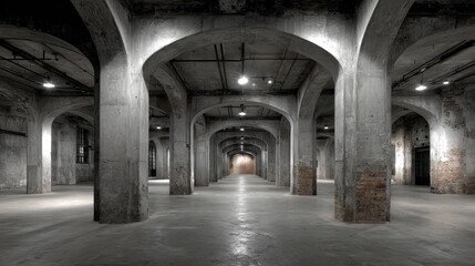 Fototapeta premium An old empty warehouse with concrete pillars and arched ceilings extends far away.