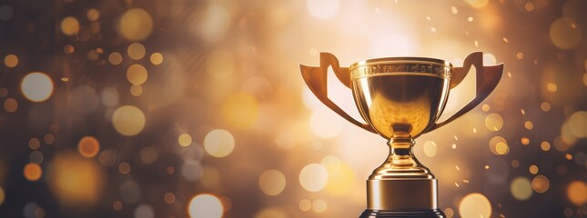 Golden trophy against sparkling bokeh background