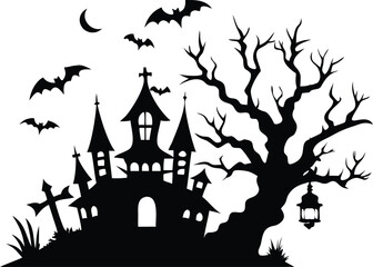 Silhouette of a haunted house with bats and a spooky tree on white