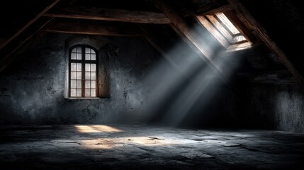 Sunbeams stream through a window in the spooky old abandoned attic room.