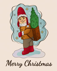 Cartoon boy in winter clothes carrying Christmas tree  with snowy background and Merry Christmas text