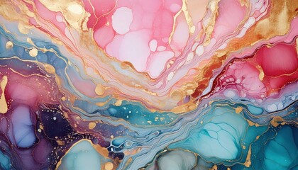「アルコールインクアートの抽象的デザイン｜ゴールドアクセントと幻想的なカラー模様」

