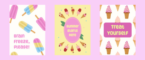 Colorful ice cream and popsicle posters with fun summer-themed phrases.