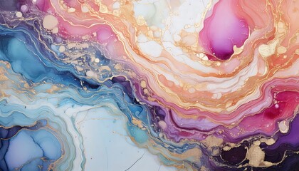 「アルコールインクアートの抽象的デザイン｜ゴールドアクセントと幻想的なカラー模様」

