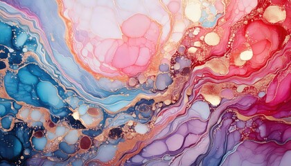 「アルコールインクアートの抽象的デザイン｜ゴールドアクセントと幻想的なカラー模様」

