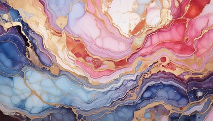 「アルコールインクアートの抽象的デザイン｜ゴールドアクセントと幻想的なカラー模様」

