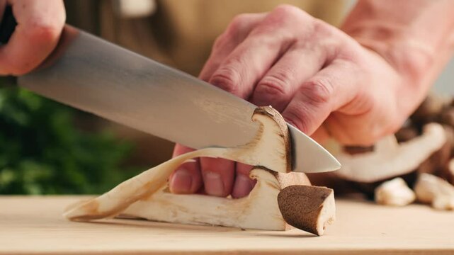 Fresh Royal oyster mushrooms, cooking on a wooden cutting board cafe asian restaurant kitchen, vibrant scene of food preparation