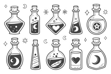 A whimsical grid of twelve unique colorful potion bottles perfect for fantasy or magical themed designs and illustrations
