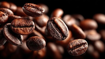 Fototapeta premium Roasted coffee beans are floating in the air on a dark background view.