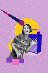 Trend image vertical photo collage of happy girl wear headphones listen music sing microphone...