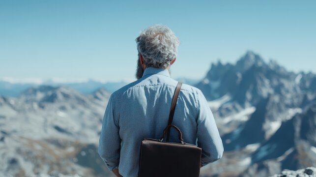 A thoughtful man gazes over a breathtaking mountain vista, embodying reflection and serenity, highlighting the beauty of nature and the journey of self-discovery.