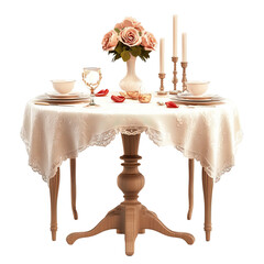 A meticulously set table in a romantic dining room with beautiful floral arrangements, candles, and glassware creating a captivating atmosphere. 