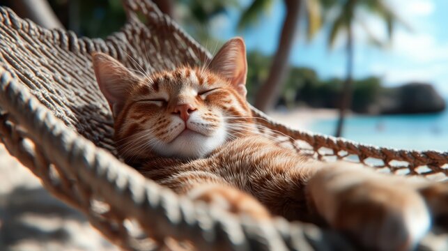 A content orange tabby cat sleeps peacefully in a hammock on a sunny beach, surrounded by swaying palm trees and a tranquil sea, showcasing serenity and relaxation.