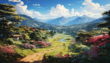 「ジブリのようなアニメ風景｜美しい山と谷の幻想的な自然アート」

