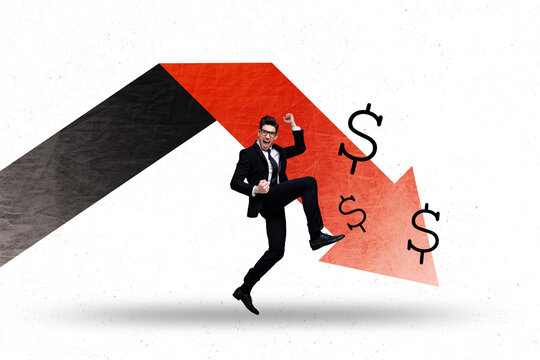 3D collage trend artwork composite sketch poster of arrow down dollars young man stand smile bankruptcy investor inflation economy finance
