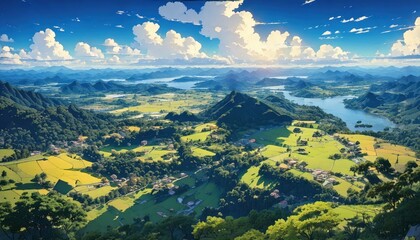 「ジブリのようなアニメ風景｜美しい山と谷の幻想的な自然アート」

