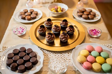 Chocolate candies with nuts and coffee on a cozy dessert table