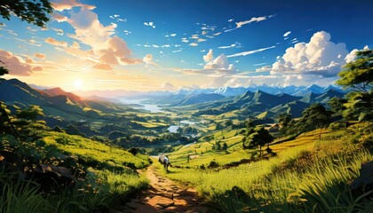 「ジブリのようなアニメ風景｜美しい山と谷の幻想的な自然アート」


