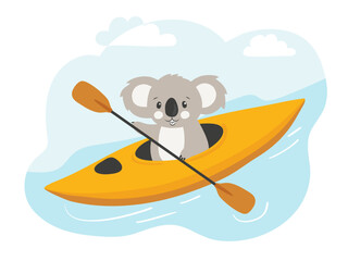 Cute koala swimming on yellow kayak. Vector cartoon illustration